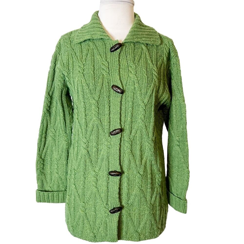 Aran Crafts Ireland 100% merino wool toggle cardigan sweater green sz XS